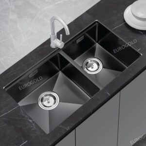 Bấm vào để xem thư viện ảnh Chậu Rửa Bát Âm 2 Hố Lệch Chống Xước INOX 304 Phủ PVD Màu Đen EUC28845GD Eurogold
